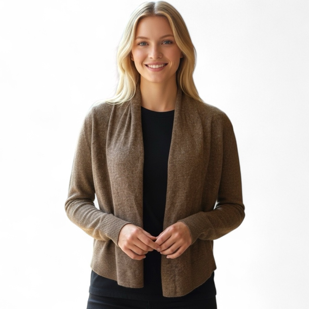 Pria Women’s Cardigan Brown Silk Angora Lambswool Blend Open Front Sweater